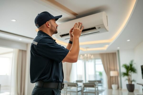صيانة منازل دبي - عامل يقوم بفحص نظام التكييف
