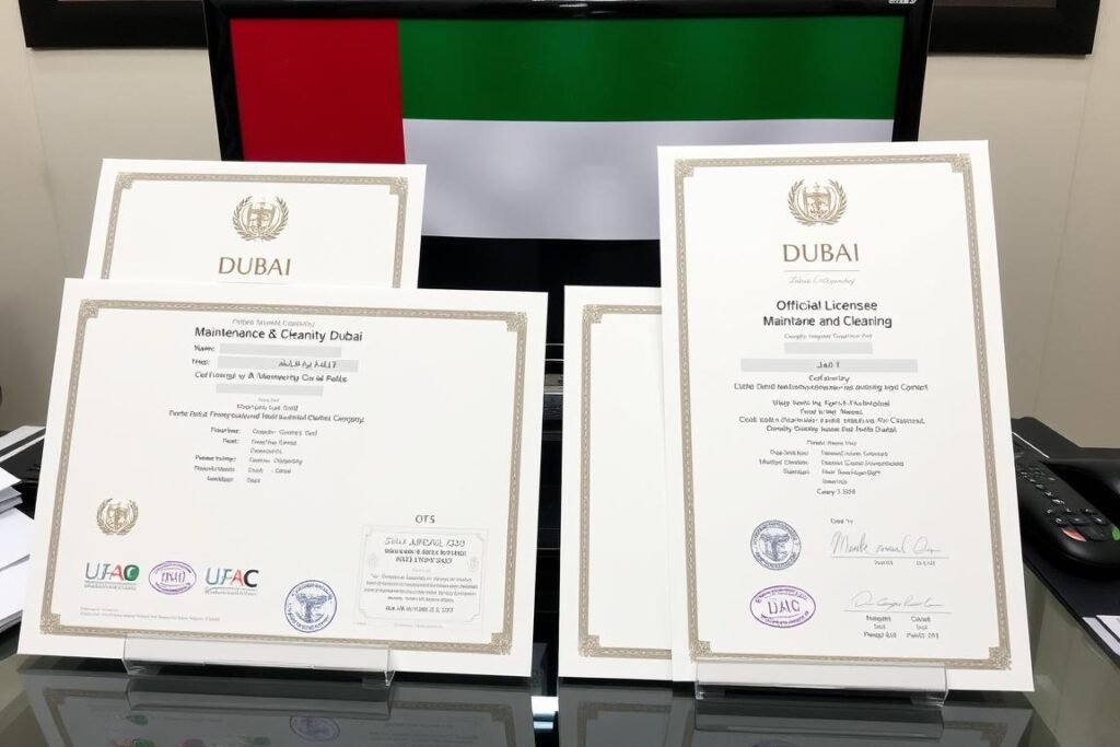 وثائق ترخيص رسمية لشركة صيانة ونظافة في دبي مع شعار بلدية دبي وثائق ترخيص رسمية لشركة صيانة ونظافة في دبي مع شعار بلدية دبي
